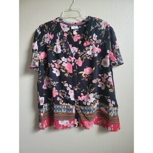 Knox Rose Women's Black w/ Pink Roses Short Flutter Sleeve Shirt Size XL